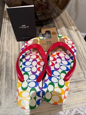 Coach Multicolor Signature Flip Flops with Red Straps